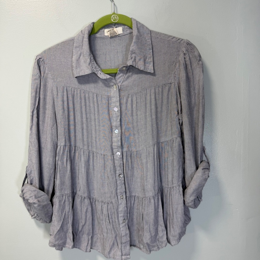 Love Notes Blue White Striped Tiered Button Down Shirt Womens Medium Roll Tab
